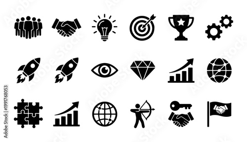 Business strategy icons set, 18 black vector symbols for corporate growth and startup success, professional management and leadership icons