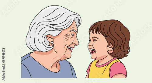 A joyful grandmother and grandchild share a laugh, their faces radiating warmth and connection