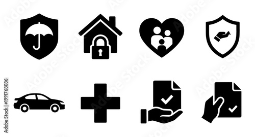 Insurance icons set with 8 black vector symbols, protection and safety signs for home and family, car and medical insurance graphic elements