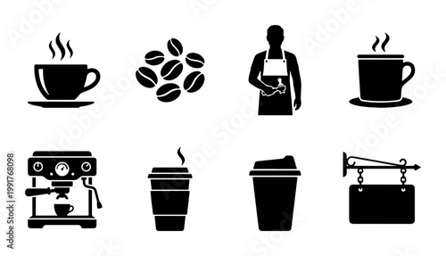Minimalist coffee shop icon set, black silhouette cafe symbols, professional barista and espresso machine vector collection, 8 flat icons for menu design