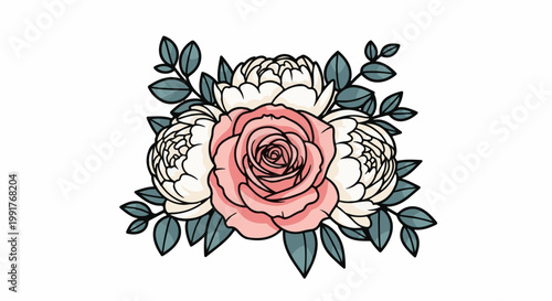 A floral arrangement featuring a pink rose centered among white peonies with teal leaves