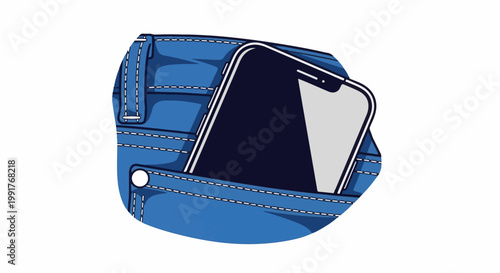 A modern smartphone is tucked into the pocket of blue denim jeans, its screen glowing softly