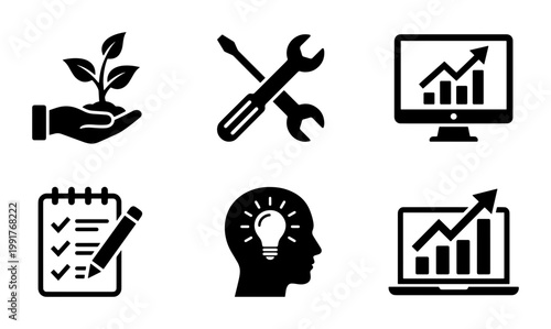 Minimalist business growth icons set, black solid vector symbols for corporate strategy, professional development and financial success elements