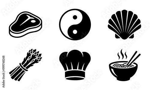 Minimalist black food icons set, 6 culinary vector symbols including steak and chef hat, restaurant menu graphic elements, asian noodle bowl and yin yang
