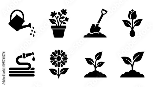 Gardening icon set with 8 black vector elements, garden tools and plant symbols, watering can and shovel icons for landscaping and horticulture