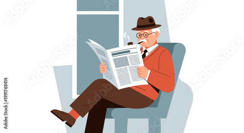 Elderly Gentleman Reading Newspaper While Smoking Pipe.