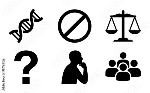 Bioethics and social justice icon set, black silhouette symbols for science and law, 6 vector icons for ethics and human rights