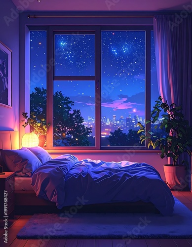 A serene bedroom with a stunning starry night view (1)