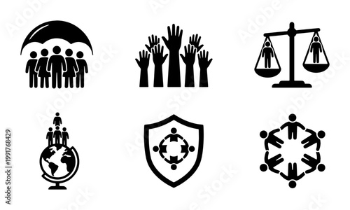 Human rights and social justice icons set, community protection and equality symbols, global unity and insurance vector collection for non-profit organizations