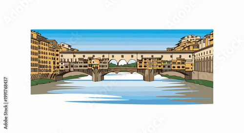 A picturesque, stylized illustration of an ancient stone bridge with shops built upon it, spanning a calm blue river under a bright sky