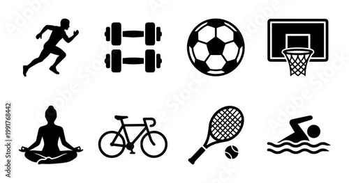Sport and fitness icon set, black minimalist athletic symbols for gym and exercise, collection of 8 vector icons for healthy lifestyle and training