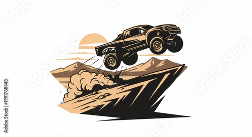 A monster truck leaps over a dusty cliff face with mountains and sun in the background