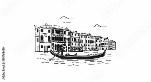 A monochrome line art depicts Venice canal with gondola and historic buildings