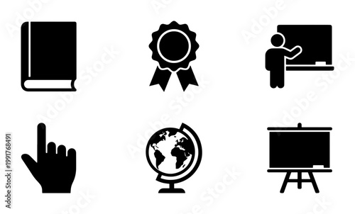 Education and school icon set, 6 black solid vector symbols for learning, academic teaching and classroom study elements