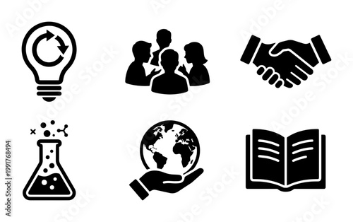 Business and education icons set, black silhouette corporate symbols, professional partnership and global innovation vector graphics