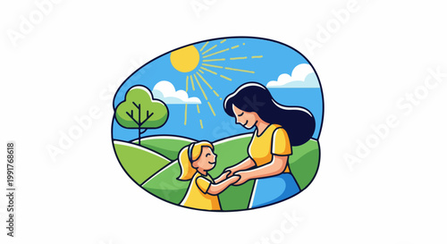 A mother and daughter hold hands in a sunny, green landscape with a tree and clouds