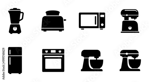 Minimalist kitchen appliance icons set, black silhouette household electronics collection, 8 vector symbols of blender toaster microwave and oven