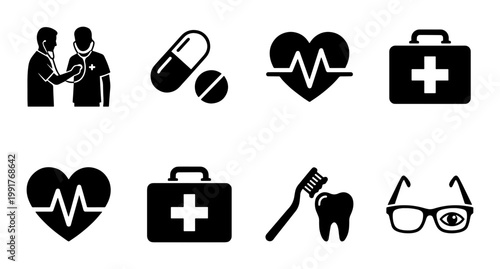 Medical icon set with 8 black silhouettes, healthcare symbols for hospital and clinic apps, professional doctor and dental care vector graphics