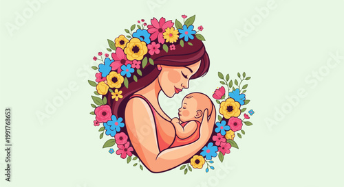 A mother cradles her sleeping baby, surrounded by a vibrant floral wreath