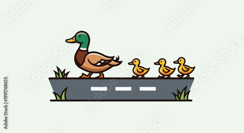A mother duck and her three ducklings walk across a road with grass on the side