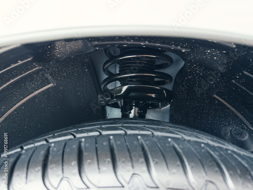 shock absorber strut with coil spring, suspension system of passenger car, inner fender mudguard, splasher