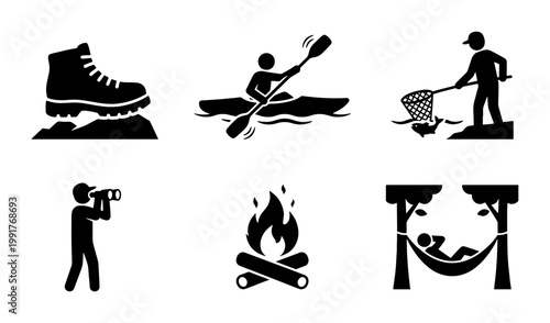 Outdoor adventure camping icons set, black silhouette hiking and kayaking symbols, 6 nature recreation vector elements for travel maps