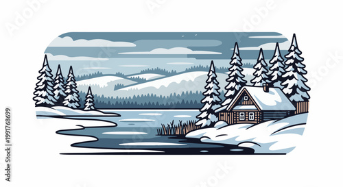 A picturesque winter landscape featuring a snow-covered cabin nestled among pine trees by a frozen lake, with rolling hills in the distance