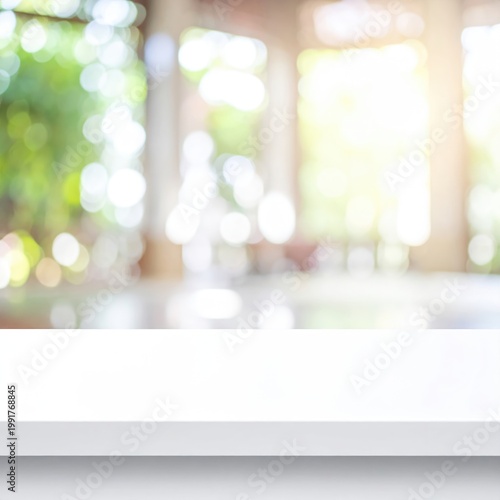 Empty White Tabletop with Blurred Greenery and Sunlight Background.