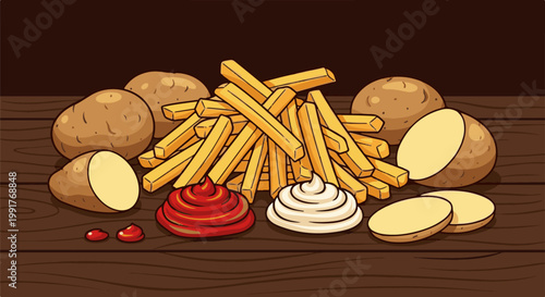 A pile of golden French fries with whole and sliced potatoes, ketchup, and mayonnaise