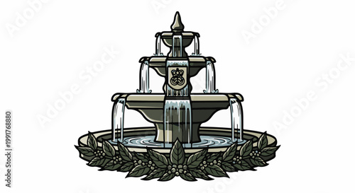 A multi-tiered fountain cascades water, adorned with a crest and laurel leaves below