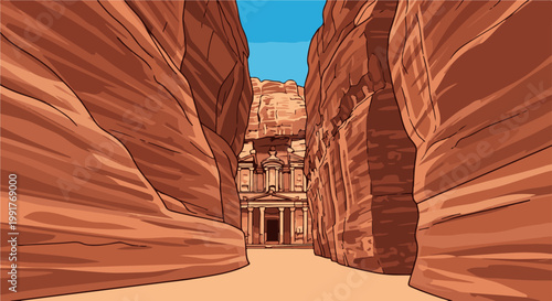 A narrow canyon path opens to reveal a grand, ancient structure carved into rock