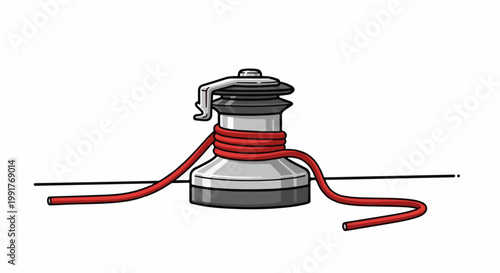A nautical winch with red rope wrapped around it