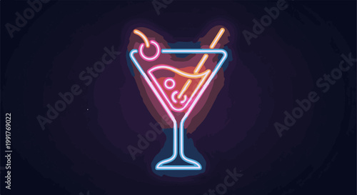 A neon martini glass with a cherry and straw glows on a dark background