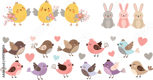 Cute birds and bunnies with hearts romantic cartoon animal collection featuring pastel colors for love and spring design
