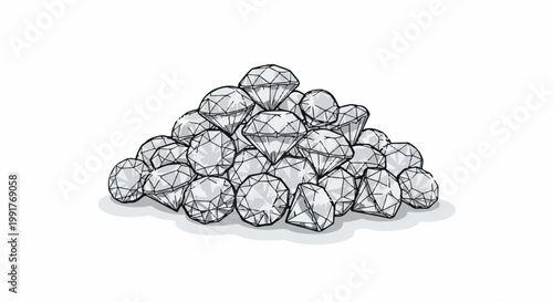 A pile of sparkling, multifaceted gemstones, drawn with bold black outlines on a white background