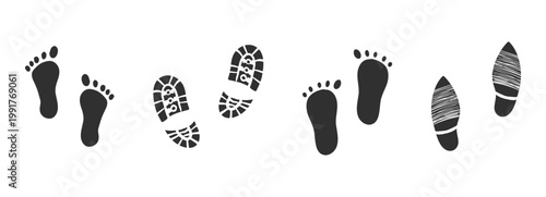 Footprint set, shoe print icon. Shoe sole imprint, silhouette. Human footprints, black foot shape. Traces of human shoes