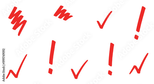 Hand drawn checkmarks, exclamation marks, vector icons, red color