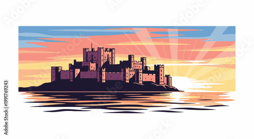 A pixel art castle stands proudly on a rocky outcrop beside the sea at sunset