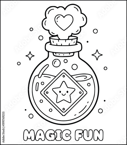 Magic potion bottle with a star label and heart-shaped steam cloud