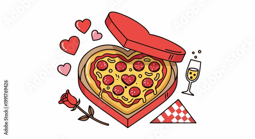 A heart-shaped pizza in a red box, with a rose, hearts, and champagne