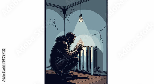A person crouches by a radiator, warming hands in a dimly lit room with cracked walls
