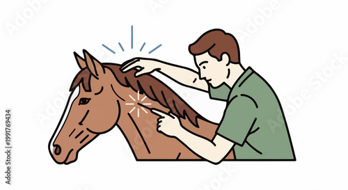 A person gently strokes a brown horse's neck while pointing at its back