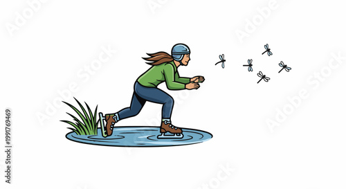 A person ice skating on a frozen pond, with dragonflies flying nearby