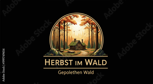 A pixelated cabin nestled amongst autumnal trees, evoking a rustic forest scene with a path leading to it