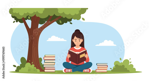 Young woman sitting cross legged reading a book outdoors.