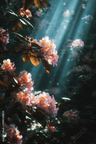 Pink flowers with golden leaves in ethereal blue light
