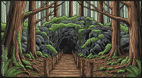 A pixelated forest path leads to a dark, moss-covered cave entrance framed by trees