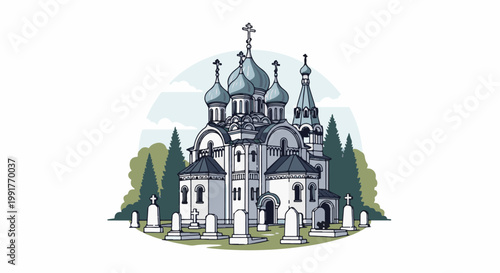 A pixelated illustration of an Orthodox church with onion domes and a graveyard