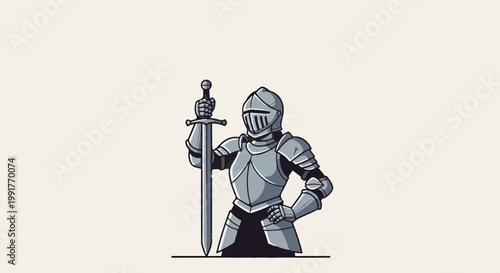 A pixelated knight stands proudly with a sword in a plain background