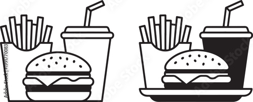 Black and white line of a burger fries and drink combo french fries soda